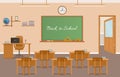 School class room interior design with text on chalkboard. School classroom with chalkboard, student desks