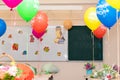 School class on September 1 without students with colorful balloons and flowers on desks against the background of the school boar Royalty Free Stock Photo