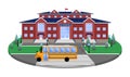 School, classic building on the circular platform of the lawn to the road,pedestrian crossing,with 3D effect section