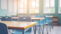 School Classroom in Blur Background - Empty Elementary Room with Chairs and Tables, ai generated