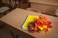 School classroom. notebook and bouquet of autumn maple leaves on the table. concept: back to school, teacher`s day Royalty Free Stock Photo