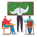 School classroom concept, teacher character male teacher student man, academic education line flat vector illustration Royalty Free Stock Photo