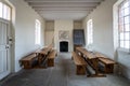 School classroom and desks inside Victorian Workhouse in Southwell, Nottinghamshire, UK