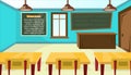 school classroom interior background. childish education, college university furniture, blackboard tables chairs. vector Royalty Free Stock Photo
