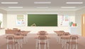 School classroom interior. A bright spacious room with a blackboard and desks for studying science and education Royalty Free Stock Photo