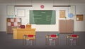 School classroom interior with green wall chalkboard, place for teacher, pendant lights, desks, chairs and other Royalty Free Stock Photo