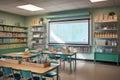 School classroom interior with tables and chairs, 3d render, Minimal style modern classroom, Empty library interior with Royalty Free Stock Photo