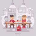 School classroom scene flat illustration. Boy sending love note