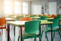 Empty classroom with colorful desks and chairs, back to school concept. Generative ai Royalty Free Stock Photo