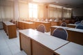 School classroom with window opened, clean and tidy ready for new students and semester start Royalty Free Stock Photo