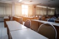 School classroom with window opened, clean and tidy ready for new students and semester start Royalty Free Stock Photo