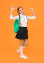 School club. Private schooling. Teen with backpack. Cute smiling schoolgirl. Girl little schoolgirl carry backpack