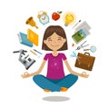 School, college concept. Funny student sitting in lotus pose. Vector illustration