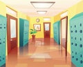 School, college hallway with open and closed doors, storage lockers, notice board. Cartoon vector illustration for kids Royalty Free Stock Photo