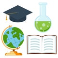 School college university science cartoon icon set poster hat test tube open book globe. Royalty Free Stock Photo