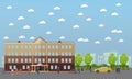 School and college vector banner. Students, teachers walk next to university buildings