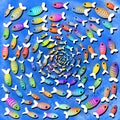 School of colorful fish swimming in a circle