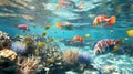 A school of colorful prehistoric fish swimming through a clear shallow sea surrounded by coral reefs