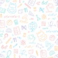 School colorful seamless pattern in doodle style on white background. Vector Royalty Free Stock Photo