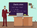 School Computer science male teacher in audience class concept. Vector illustration. Royalty Free Stock Photo