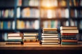 School concept, books on library shelf, back to school, blurred background
