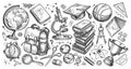 School concept. Collection of education items. Hand drawn sketch doodle vector illustration Royalty Free Stock Photo