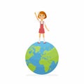 School Contest Winner - happy girl on the globe holding cup