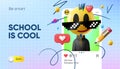 School is cool. Back to school web banner and mobile application with emoji Smiling face in sunglasses and social media