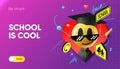 School is cool. Back to school web banner with emoji smiling face in graduation hat and social media icons. Online