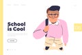 School is cool landing page concept with cute school boy wearing glasses and cap and holding backpack Royalty Free Stock Photo