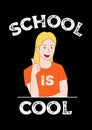 School is cool poster. Smiling Schoolgirl Shows Thumb Up Gesture