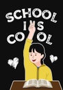 School is cool poster. Smiling Schoolgirl Shows Victory Gesture