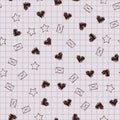 School copybook pattern. Hearts, envelopes, stars on squared backdrop. Seamless vector background