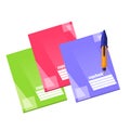 School copybooks in three colors and pen on white background