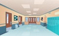 School corridor. Bright college interior of big hallway with doors classroom with desks without kids vector cartoon