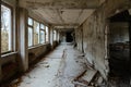 School corridor, dead abandoned ghost town Pripyat in Chernobyl exclusion zone 32 years without people, Ukraine Royalty Free Stock Photo