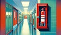 School corridor on the wall red fire extinguisher for safety.International Firefighters' Day. Royalty Free Stock Photo