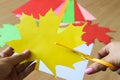 School craft. Female hands carve a yellow maple leaf from colored paper. Back to school concept. Selective focus