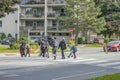 School crossing guard helps children to cross the street.