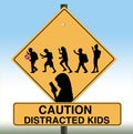 A school crossing sign includes silhouettes of children using cell phones in this illustration Royalty Free Stock Photo