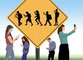 A school crossing sign includes silhouettes of children using cell phones in this illustration Royalty Free Stock Photo