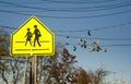 School Crossing Sign With Sneakers Hanging On Telephone Wires