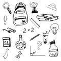 School cute doodle set for boy with backpack, glasses, beakers for chemistry lesson, calendar, magnifier.