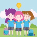 School cute little students girl in uniform cartoon