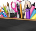 School design with realistic supplies on blackboard background, and free space for text.