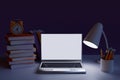 School desk with school accessories and laptop under lamp light. Study at night. 3d render Royalty Free Stock Photo