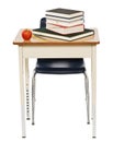 School desk and chair with books and apple isolated on white.