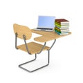 School desk, pile books and laptop on white background. Isolated 3D illustration