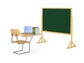 School desk, pile books and laptop on white background. Isolated 3D illustration