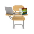 School desk, pile books and laptop on white background. Isolated 3D illustration